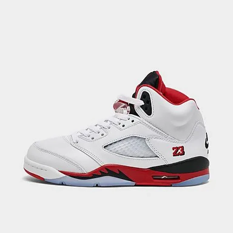 Jordan Big Kids Air Retro 5 Basketball Shoes in White/Fire Red/Black Size: 3.5