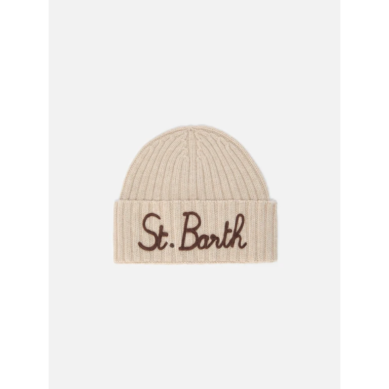 Mc2 Saint Barth Wengen Beanie Cashmere Blend Beige With St. Barth Embroidery Brown Hat - Unisex