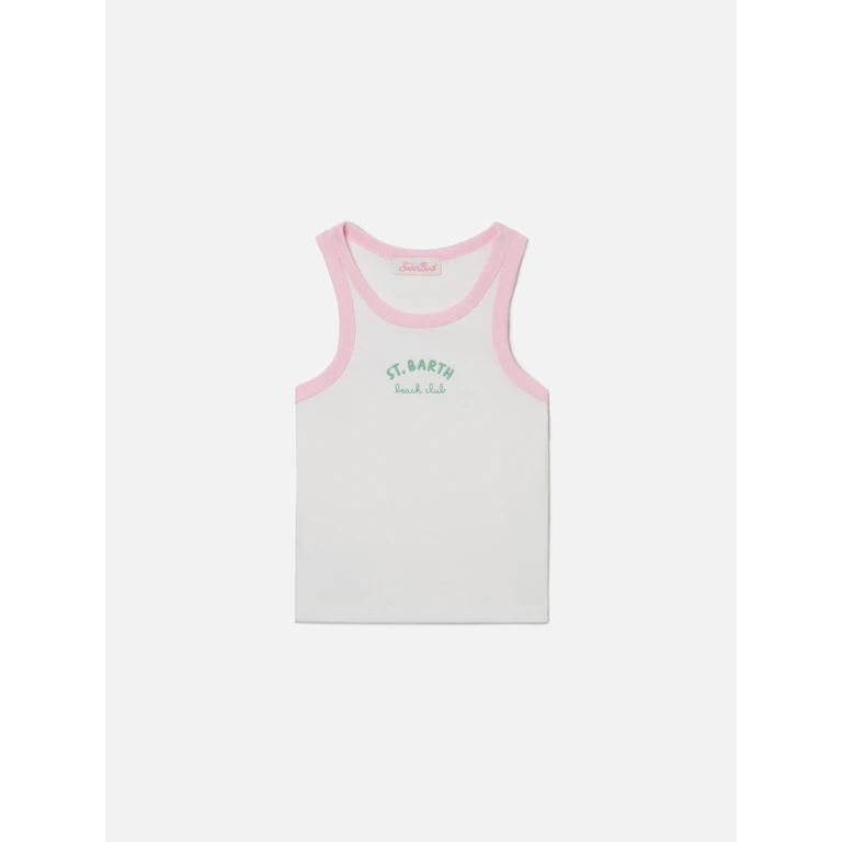 Mc2 Saint Barth Blue Jr Tank-Top White With Embroidered Logo And Pink Trims Top_apparel