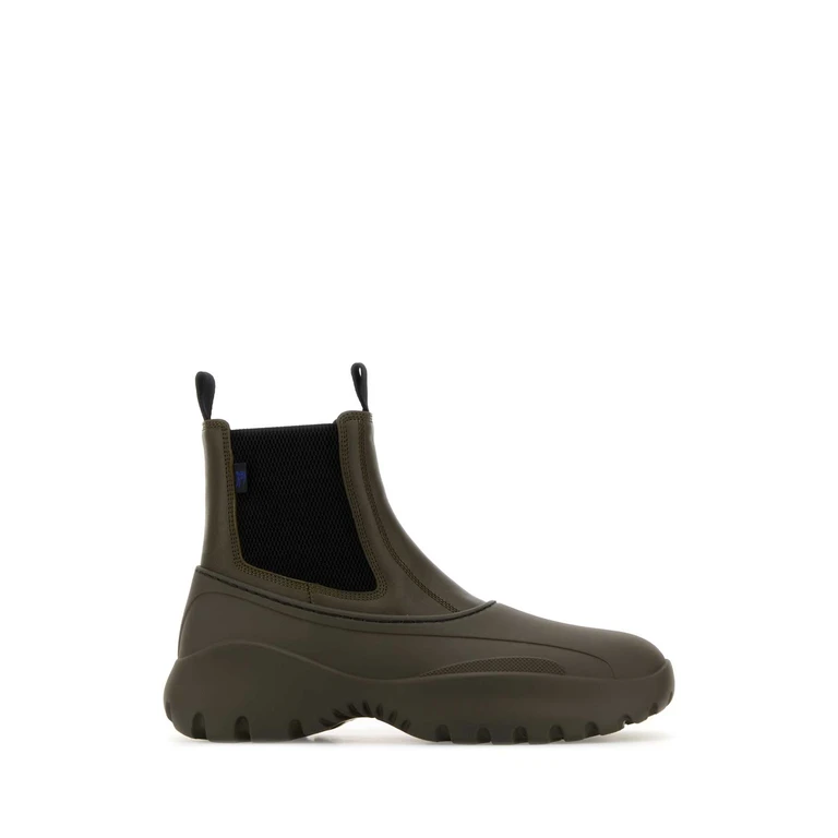 Burberry Olive Green Leather And Rubber Chelsea Scoot Ankle Boots Loch Stivali - Men