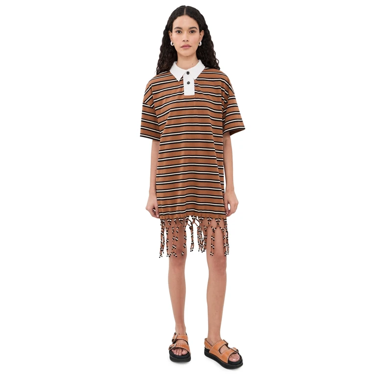 Nanushka Benigna Dress Tan/White/Black Stripe XL