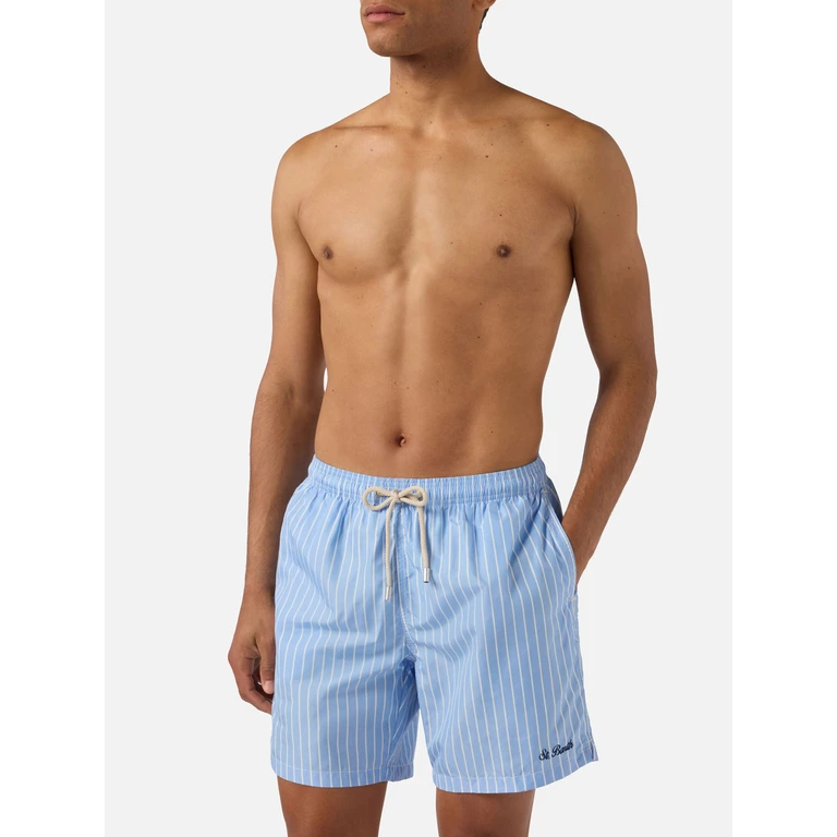 Mc2 Saint Barth Light Blue Striped Lighting Swim Shorts With St. Barth Embroidery Swimshort - Men
