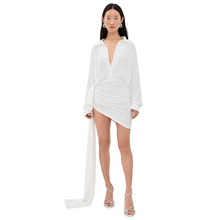 Norma Kamali Oversized Side Drape Dress with Bow Snow White L