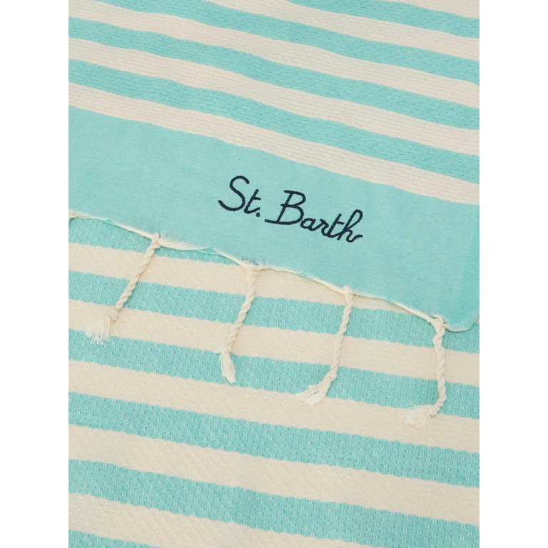 Mc2 Saint Barth Foutas Beach Towel With Aqua Green And White Stripes - Unisex