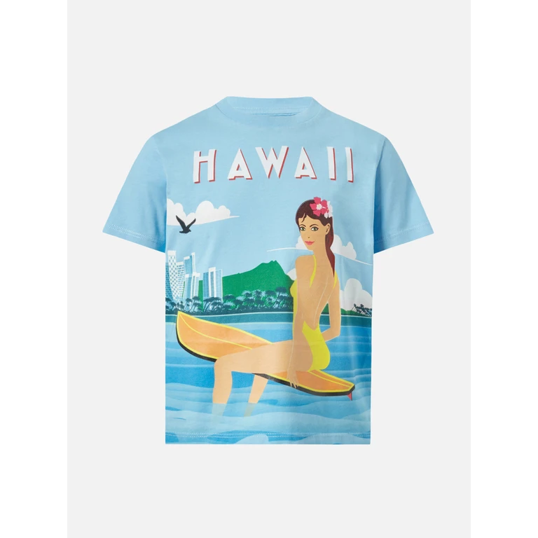 Mc2 Saint Barth Elly Cotton Jersey Crewneck T-Shirt With Hawaii Print