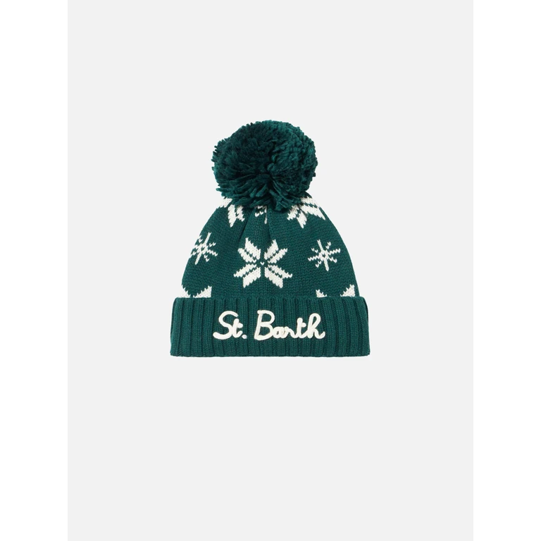 Mc2 Saint Barth Boy Green Beanie With Norwegian Pattern Hat - Unisex