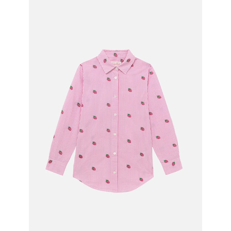 Mc2 Saint Barth Mini Brigitte Pink Striped Seersucker Shirt With Strawberry Embroidery