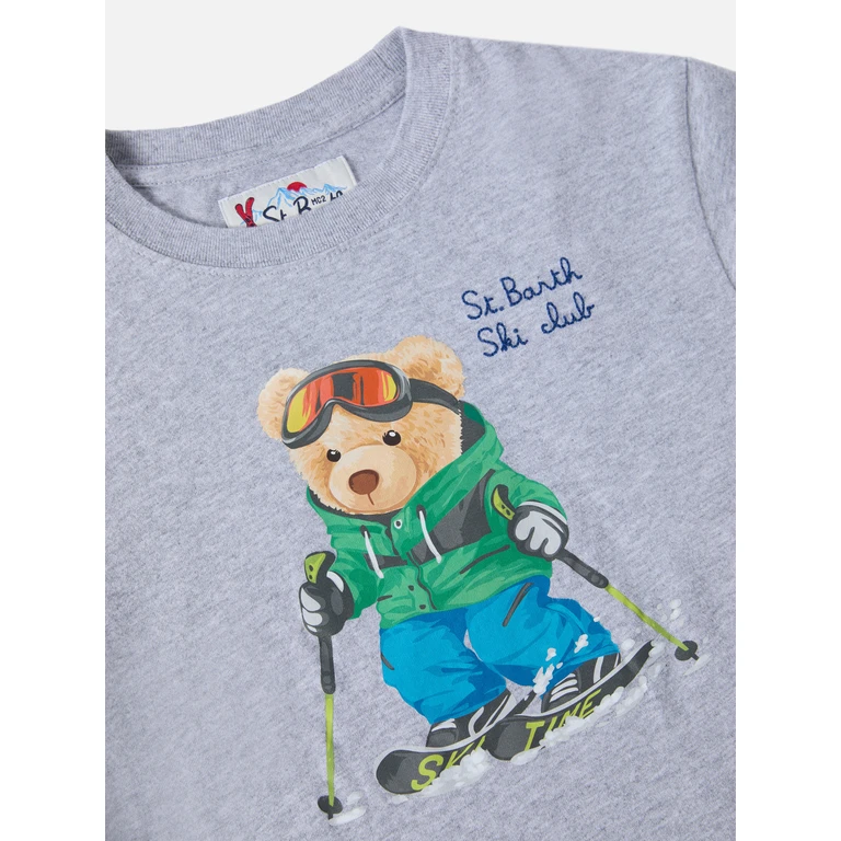 Mc2 Saint Barth Luton Long-Sleeve Winter Cotton T-Shirt Grey With St. Barth Ski Club Embroidery And Bear Print
