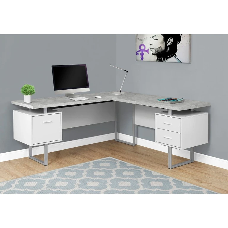 White and Cement Gray 60 Inch L-Shaped Computer Desk