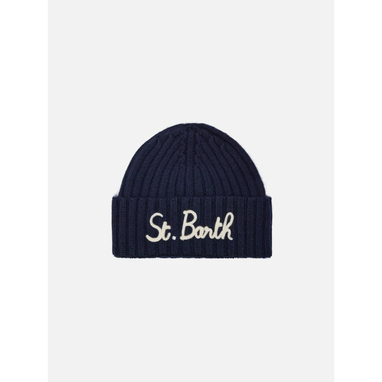 Mc2 Saint Barth Wengen Jr Beanie Cashmere Blend Blue With St. Barth Embroidery Hat - Unisex