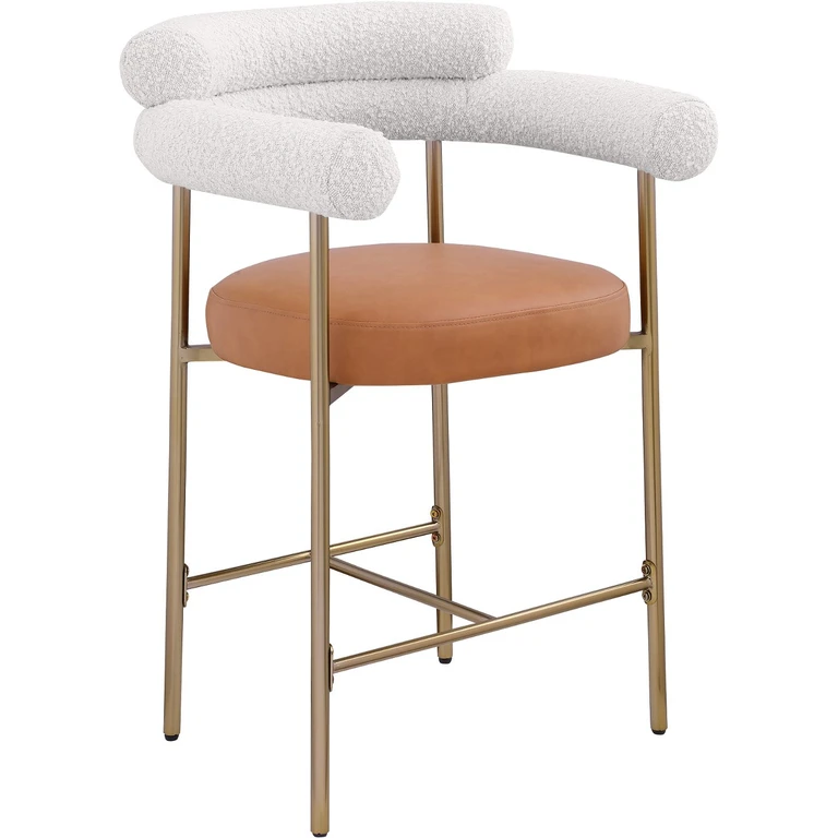Blake Cream Boucle and Cognac Vegan Leather Counter Stool, Set of 2