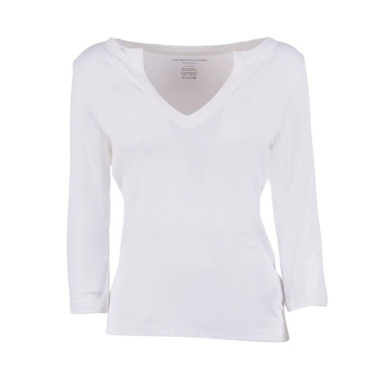 Filatures Du Lion V Neck T-Shirt, 3-4 Sleeve White Viscose Elastane Short Sleeves T-shirt - Women