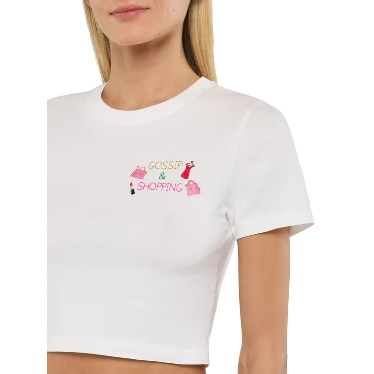 Mc2 Saint Barth Nives Cotton T-Shirt With Gossip $ Shopping Embroidery White - Women
