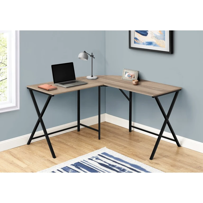 Contemporary Taupe and Black L-Shaped Computer Desk