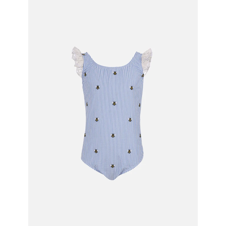 Mc2 Saint Barth Girl Seersucker Cotton One Piece Swimsuit Tilda With Ruffled Straps Bluette