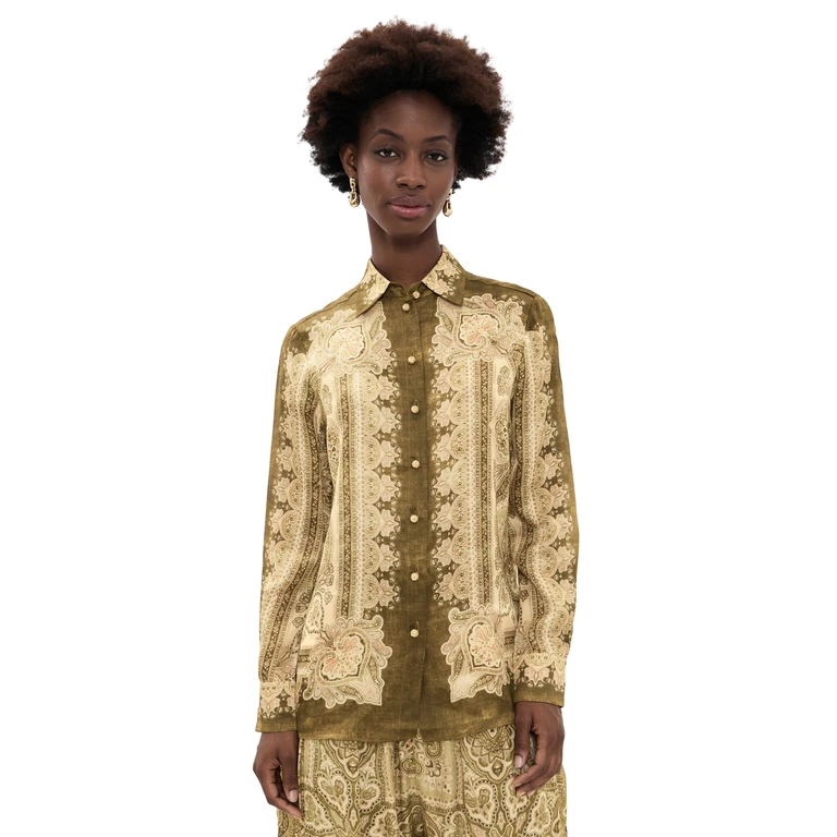 Zimmermann Luna Silk Satin Shirt Olive Perla Paisley 4