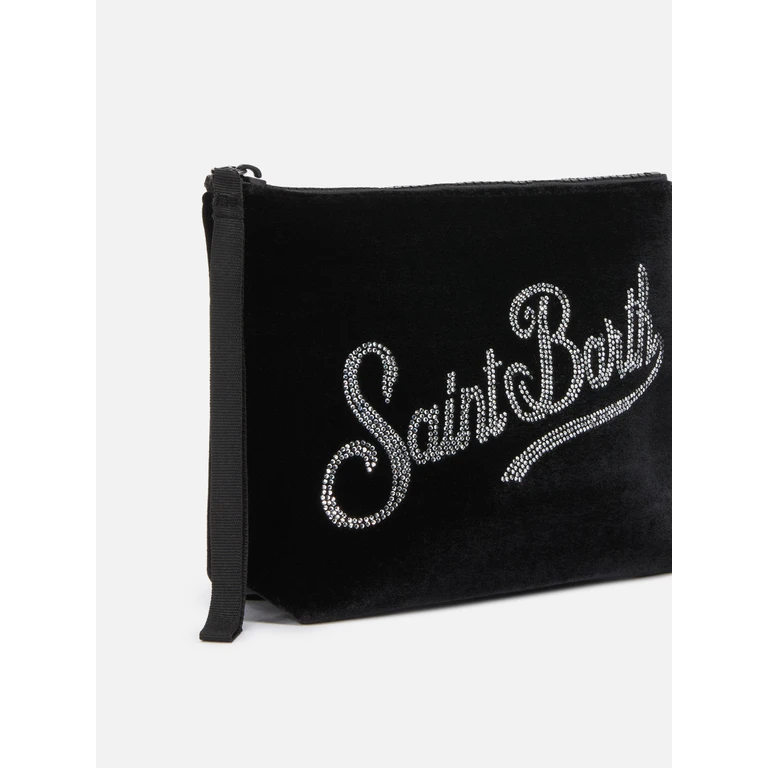 Mc2 Saint Barth Aline Velvet Pouch Black With Rhinestones Pochette - Unisex
