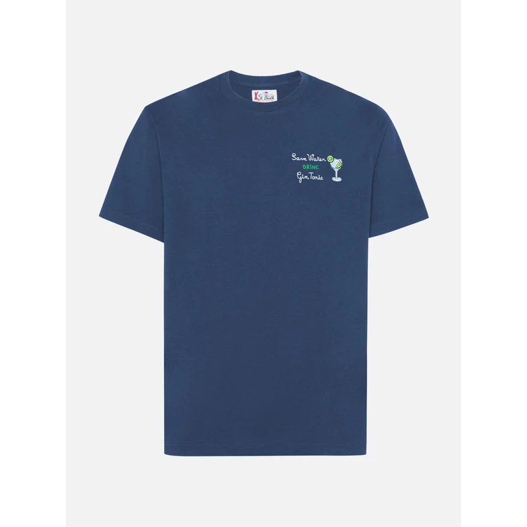 Mc2 Saint Barth Arnott Cotton T-Shirt Blue With Save Water Drink Gin Tonic Embroidery - Men