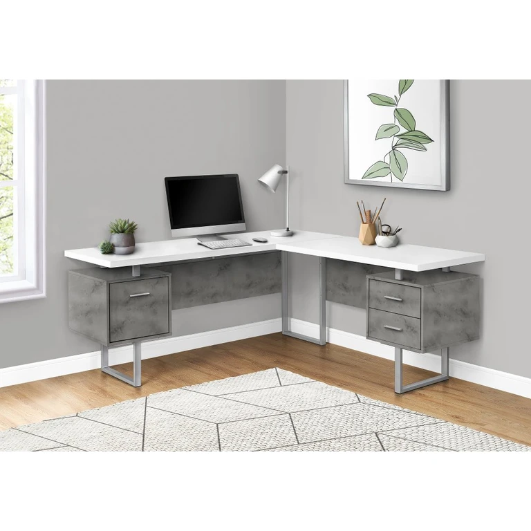 Concrete and White L-Shaped Desk