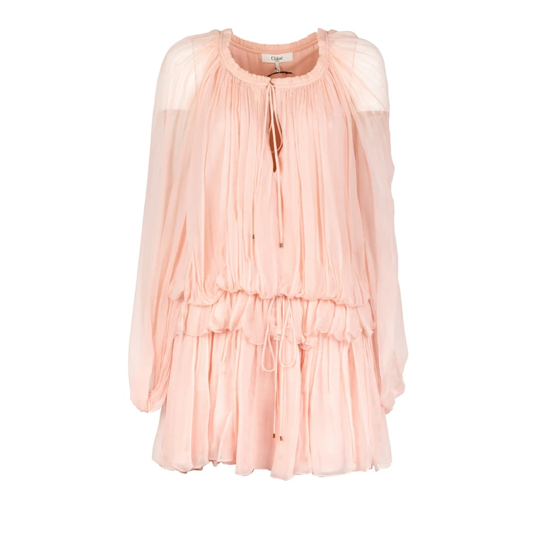 Chloé Pink Mini Dress With Front Drawstring And Cape Design In Silk Women
