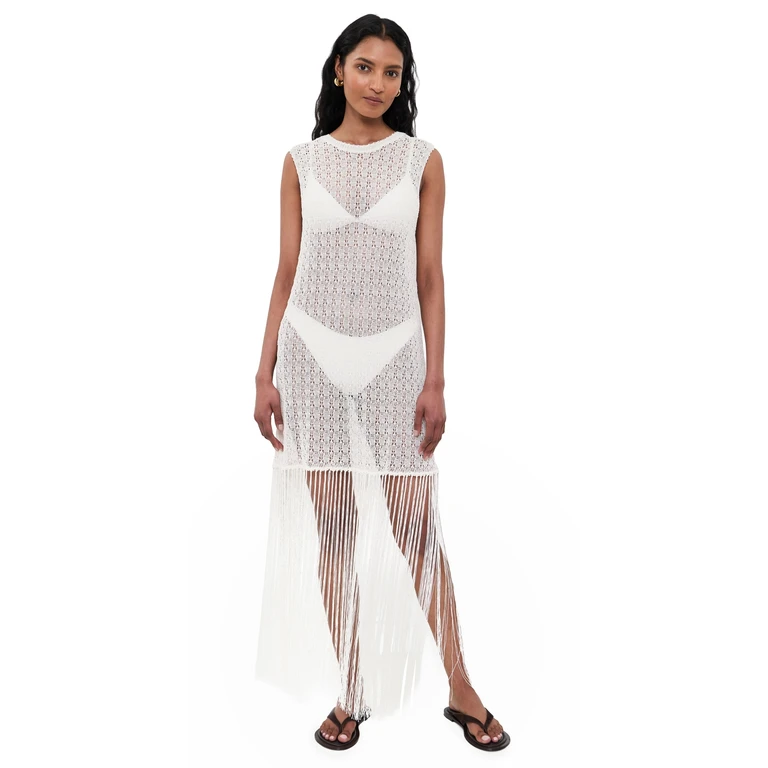 GANNI Shiny Pointelle Fringe Dress Egret S