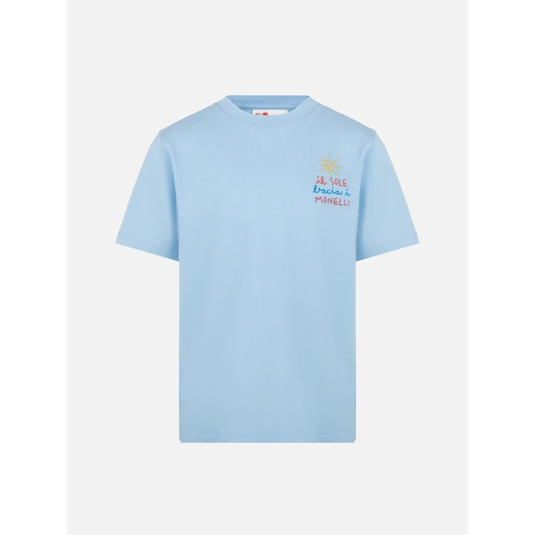 Mc2 Saint Barth Portofino Jr Cotton Jersey T-Shirt With Il Sole Bacia I Monelli Embroidery Insulti Luminosi Special Edition Blue