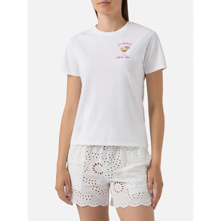 Mc2 Saint Barth White Emilie T-Shirt With Après-Sun Embroidery And Rhinestones - Women
