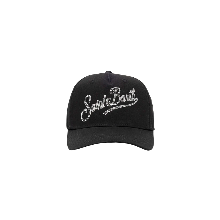 Mc2 Saint Barth Baseball Black Cotton Cap With Rhinestones Hat - Unisex