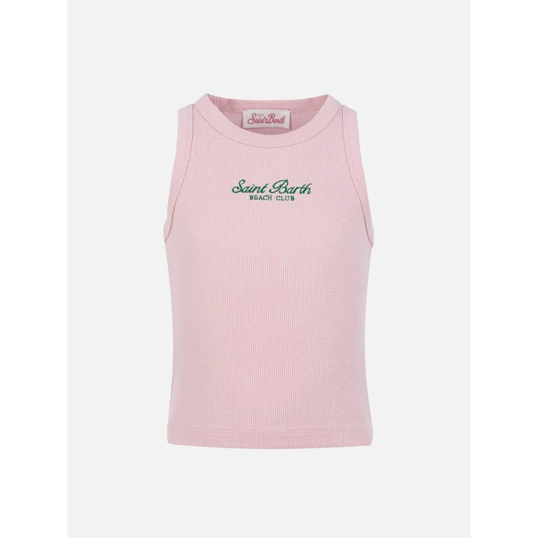 Mc2 Saint Barth Blue Jr Pink Rib-Knit Cotton Crop Tank With Embroidery Top_apparel