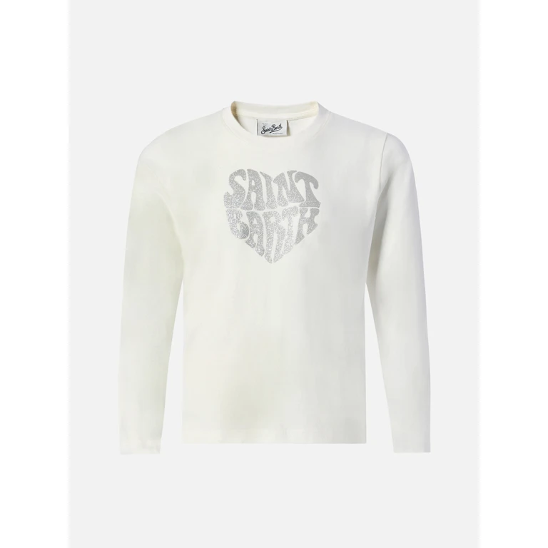 Mc2 Saint Barth Penny Long-Sleeve Cotton T-Shirt White With Saint Barth Silver Glitter Print