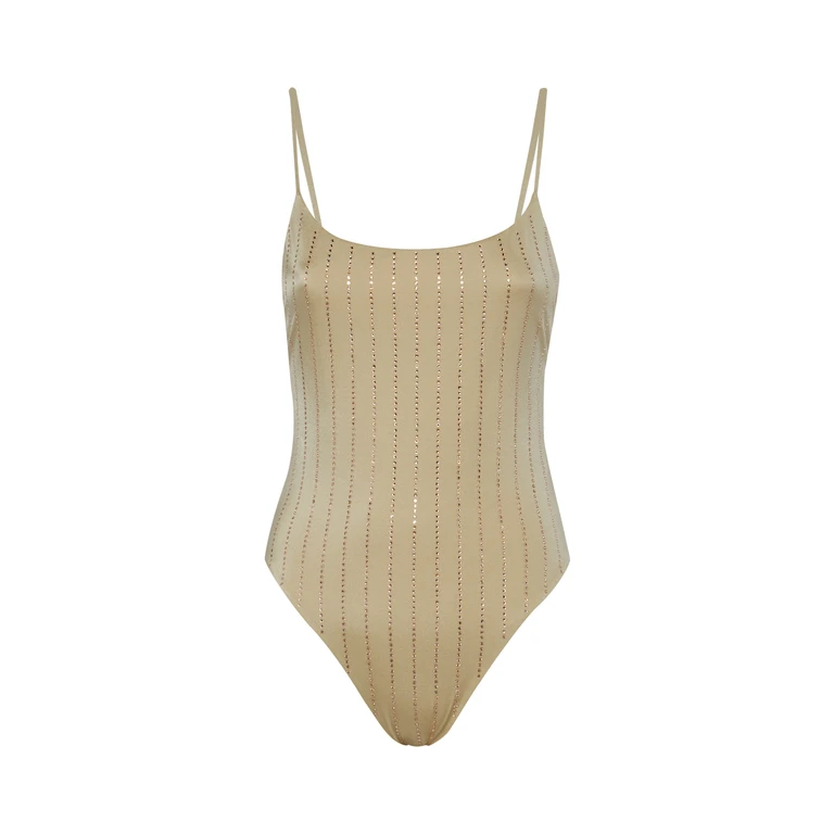 Mc2 Saint Barth One-Piece Swimsuit Cecille With Rhinestone Striped Embellishment Yellow One Piece - Women