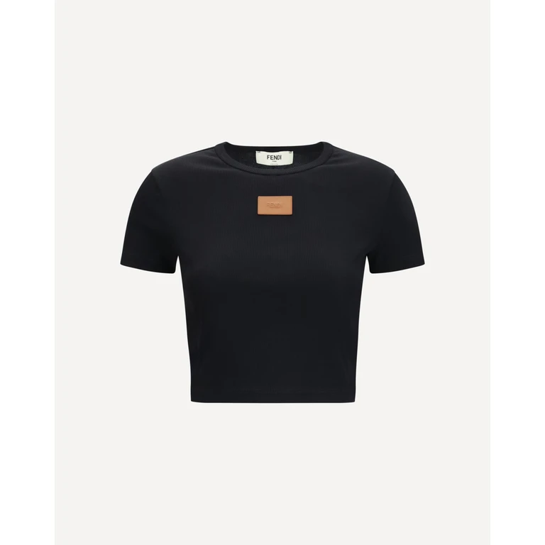 FENDI Cropped T-shirt with leather logo patch Woman S