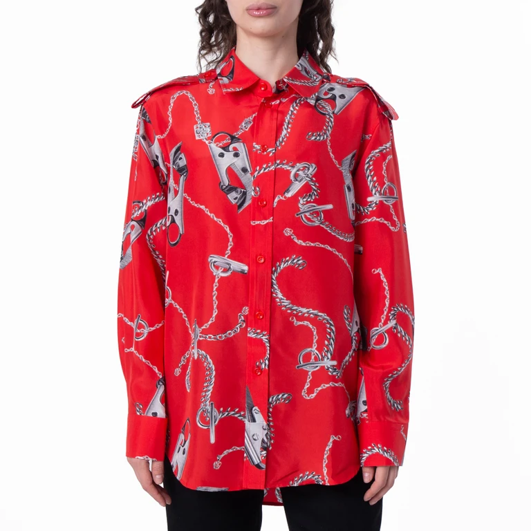 Burberry All-Over Graphic Print Silk Long Sleeve Shirt