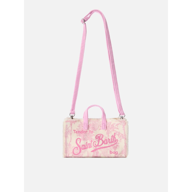 Mc2 Saint Barth Micro Phone Canvas Bag With Pink Toile De Jouy Print And Contrasting Logo - Unisex