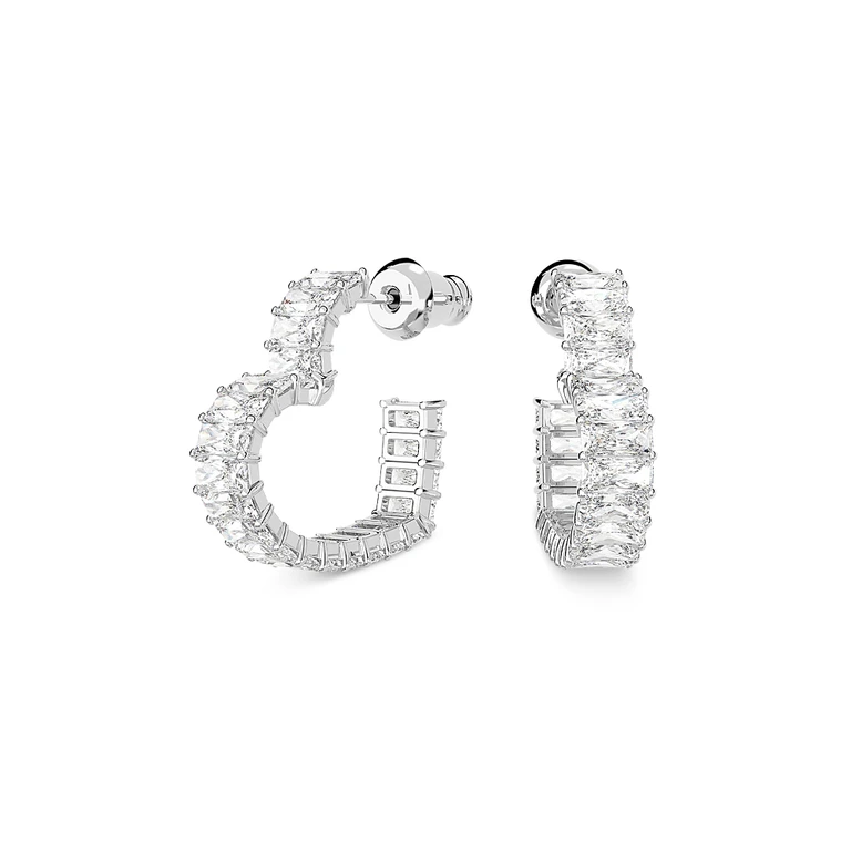 Swarovski Matrix Baguette Crystal Small Heart Hoop Earrings in Rhodium Plated