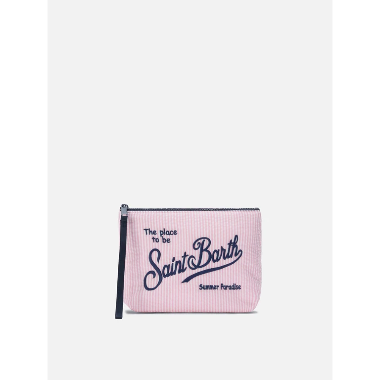 Mc2 Saint Barth Aline Pink Striped Seersucker Cotton Pouch Pochette - Unisex