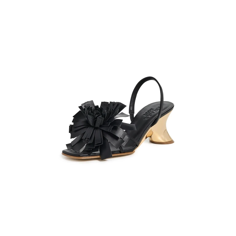 A. W.A. K.E. MODE Linda Sandals with Pom-Poms Black/Silver/Gold 39