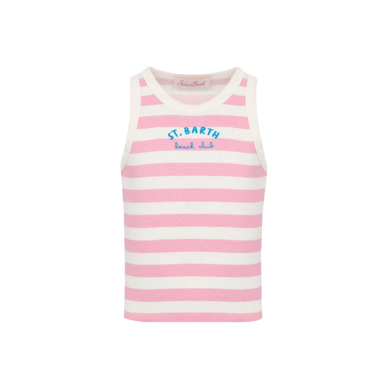 Mc2 Saint Barth Blue Jr Pink Striped Rib-Knit Cotton Crop Tank With Embroidery Top_apparel