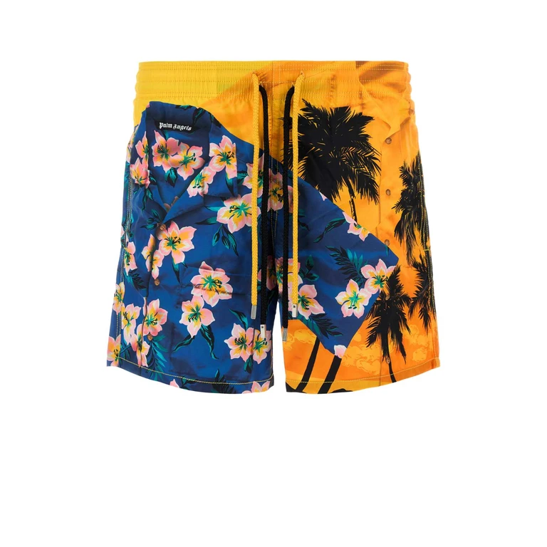 Printed Nylon Palm Angels X Vilebrequin Swimming Shorts Mixblueyellow Costumi Da Bagno - Men