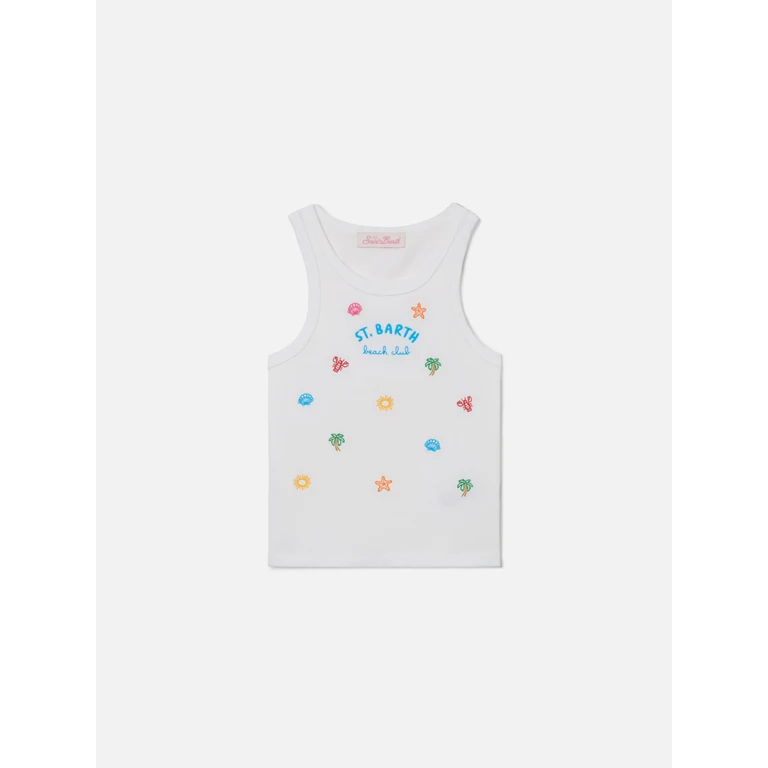 Mc2 Saint Barth Blue Jr Tank-Top White Stretch Cotton With Multicolor Embroidery Top_apparel