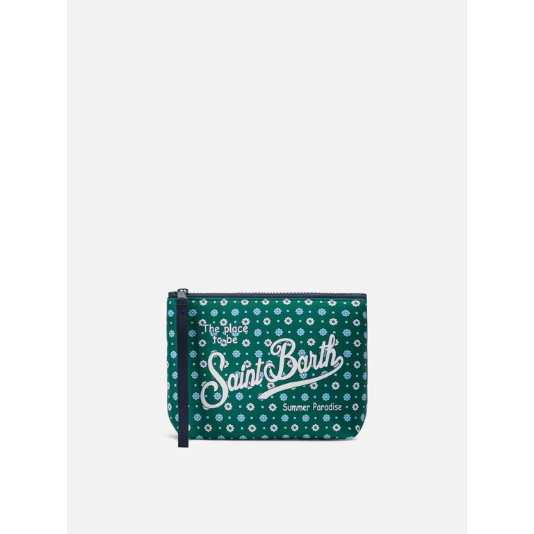 Mc2 Saint Barth Aline Green Scuba Pouch With All-Over Floral Print Pochette - Unisex