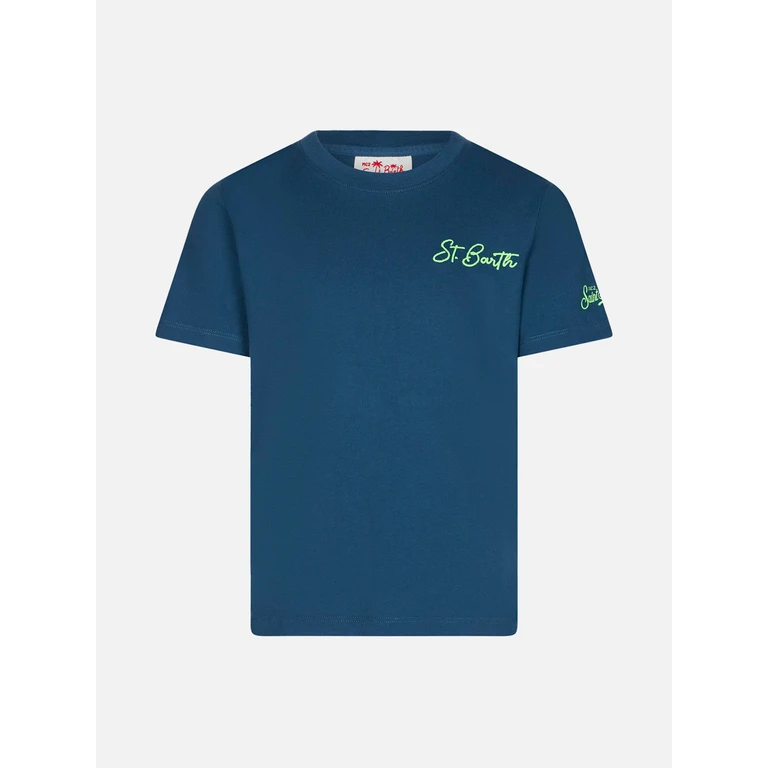 Mc2 Saint Barth Boy Blue Cotton T-Shirt With St. Barth Beach Print