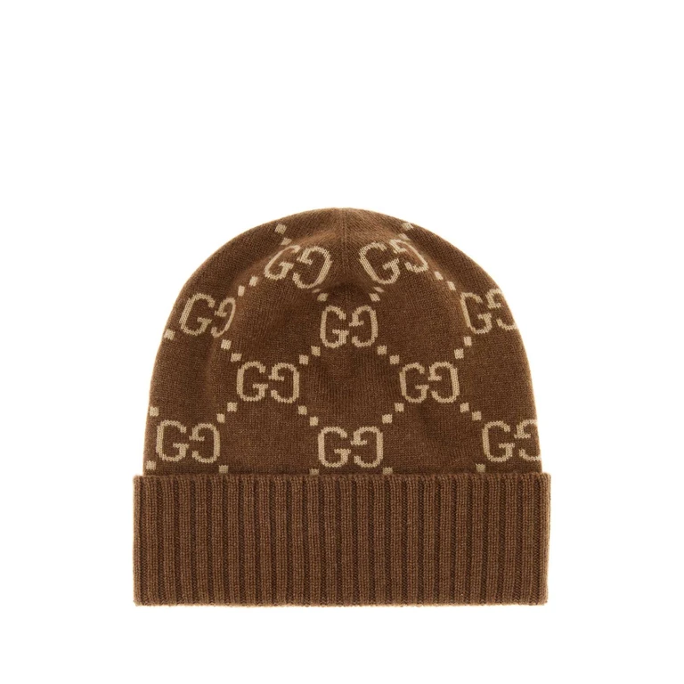 Gucci Embroidered Cashmere Beanie Hat Brown Exterior: Cappelli - Women