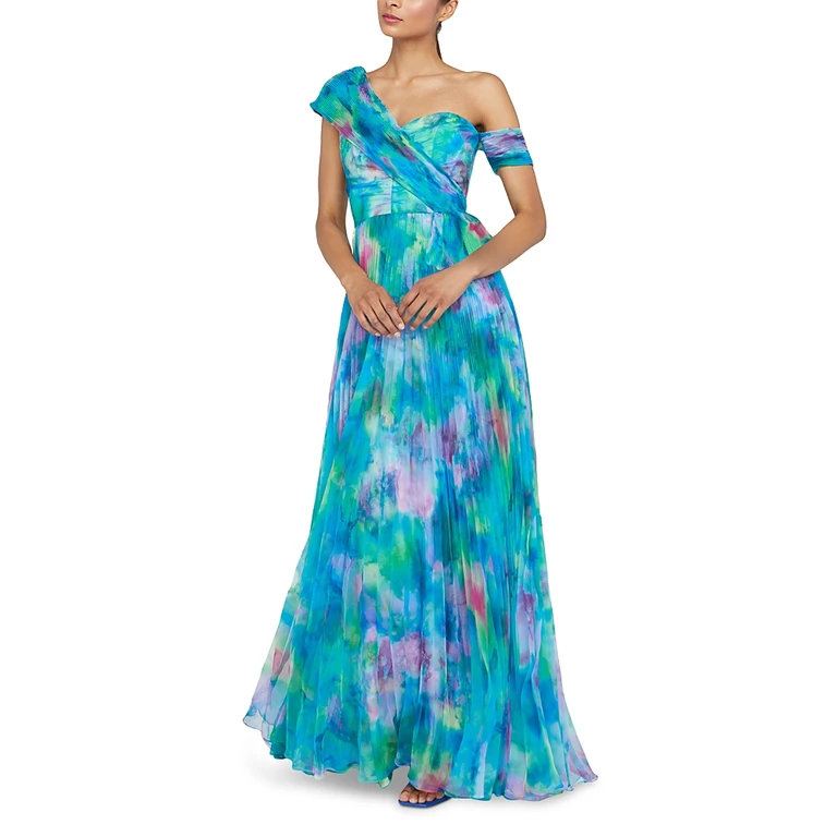 Theia Davina Printed Pleated Asymmetric Gown