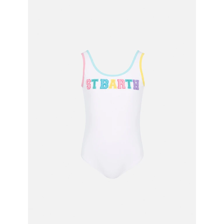 Mc2 Saint Barth Cara White Ribbed One-Piece Swimsuit With Multicolor Logo Patch One Piece
