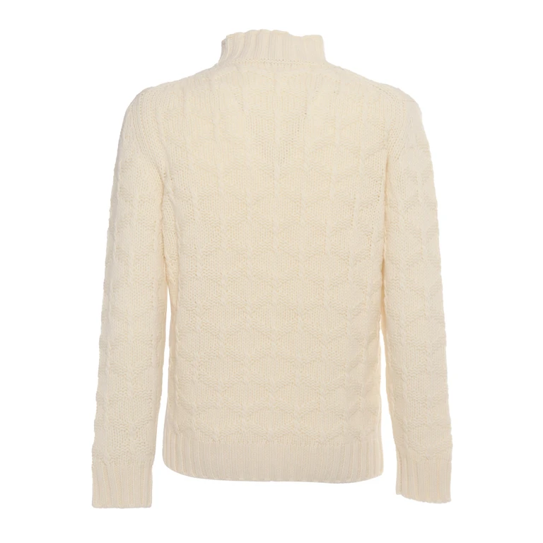 Kangra Cashmere Diamond Pattern Turtleneck Sweater White Extrafine Merino Wool - Men