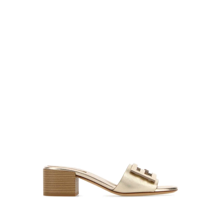 Fendi Gold Leather Baguette Mules Platinum Slippers - Women