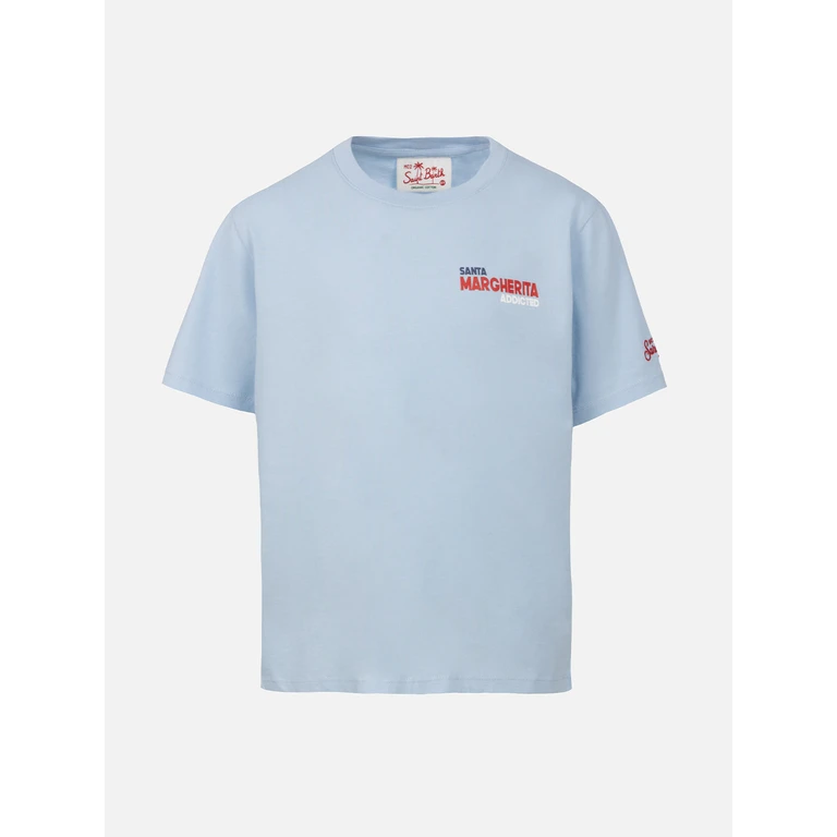 Mc2 Saint Barth Boy Cotton T-Shirt With Santa Margherita Addicted Postcard Print Sky