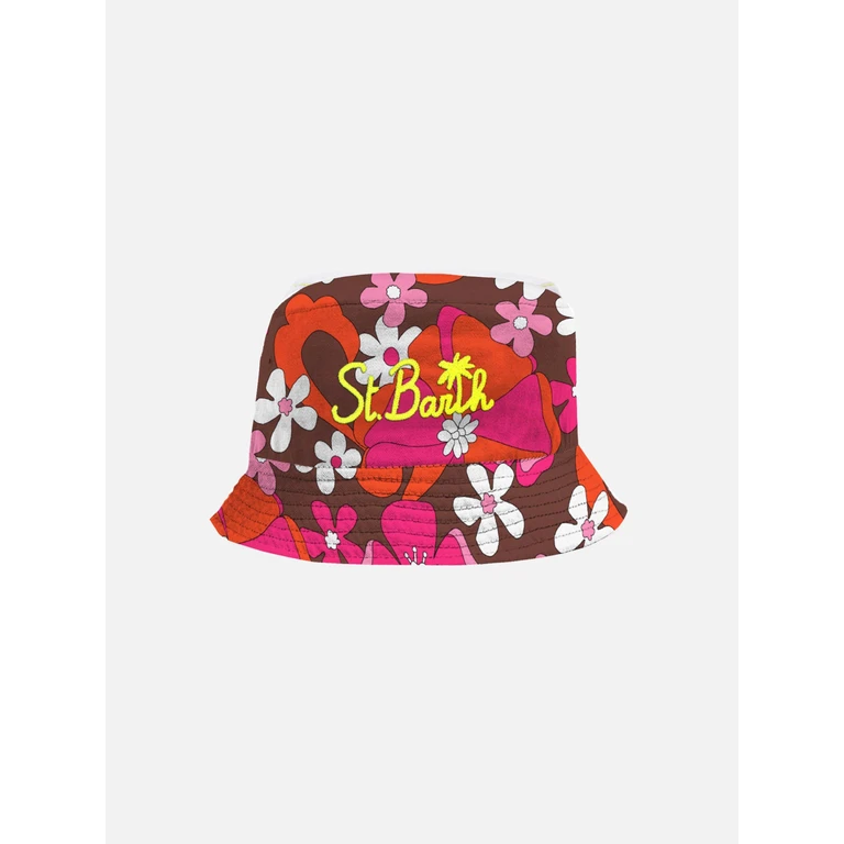 Mc2 Saint Barth Cotton Bucket Hat With Front Embroidery And Floral Pattern Brown - Unisex