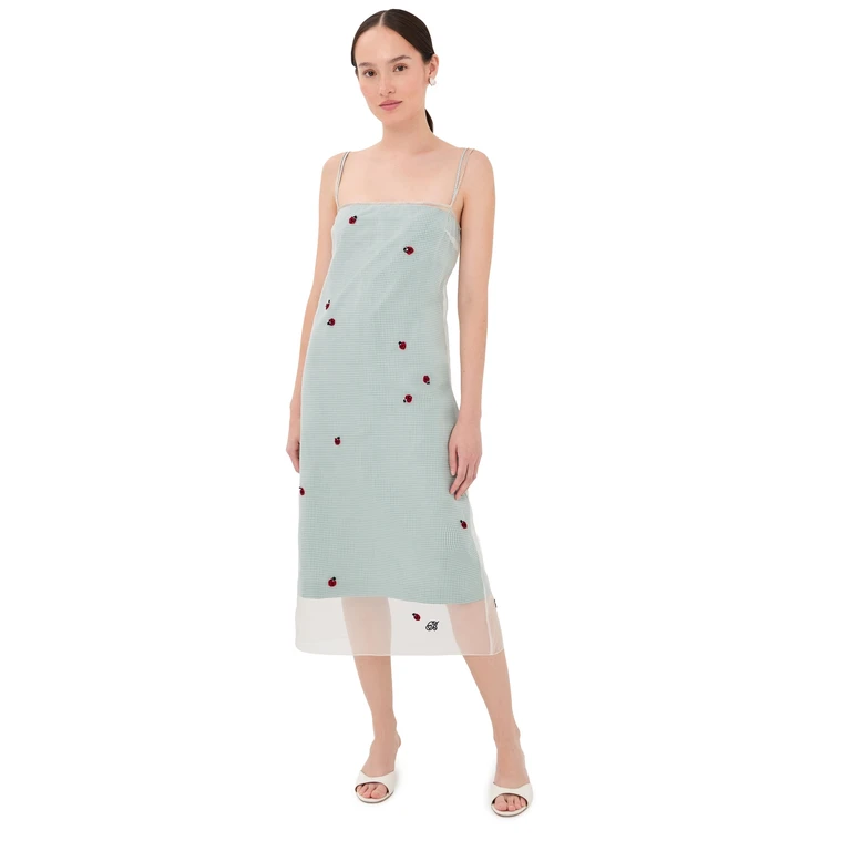 Bernadette Rachel Embroidered Silk Slip Dress Lady Bugs Embroidery Green 40